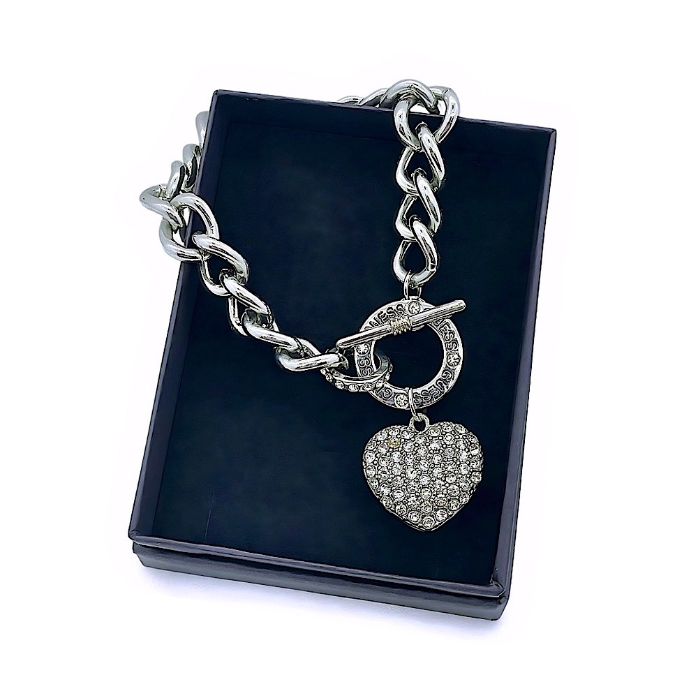 GUESS Vintage Pave Puffed Heart Charm Chain Link Toggle Bracelet with Box
